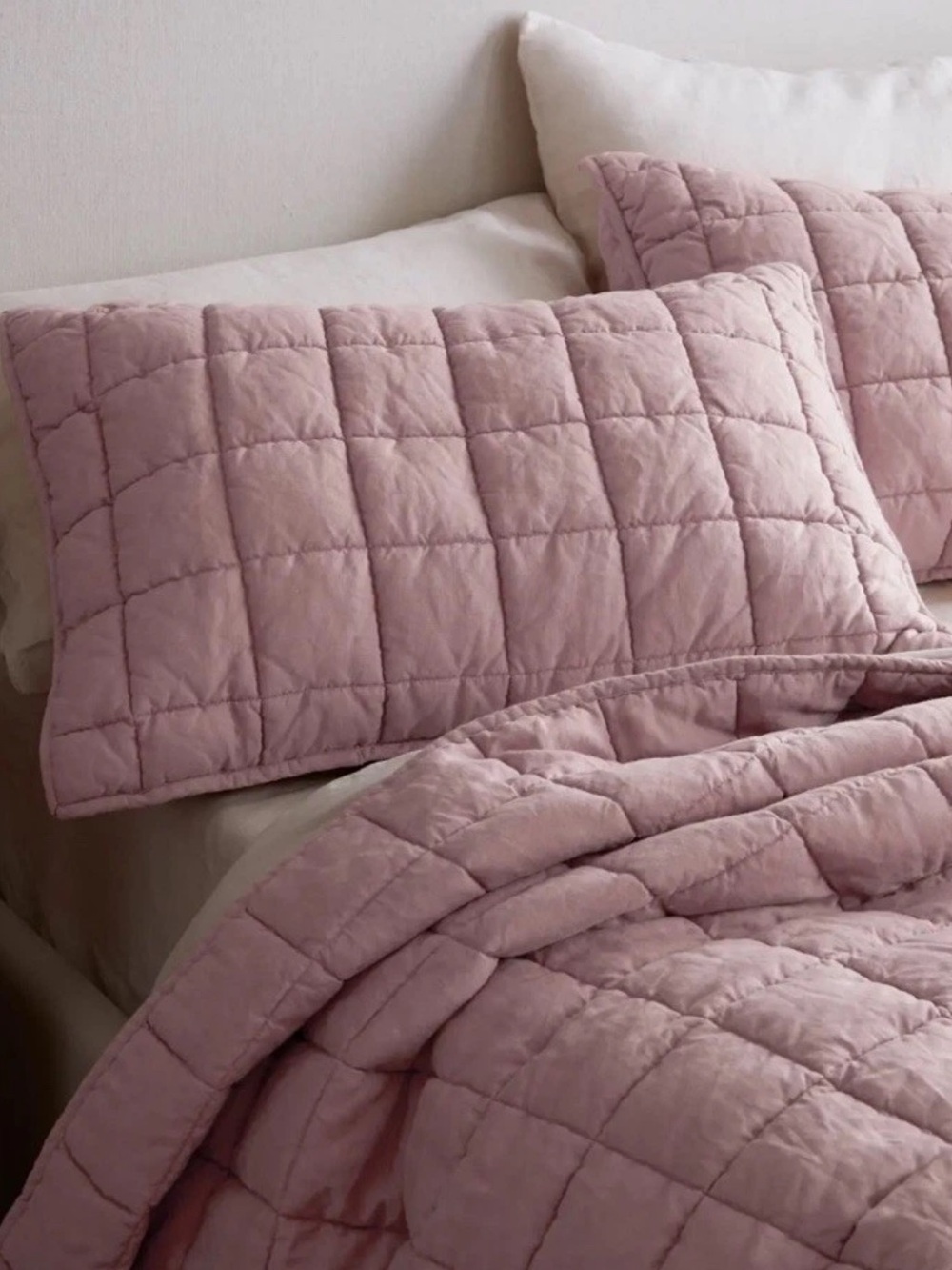 Quince Dusty Rose Pink European Linen Box Quilted King Pillow Shams Set